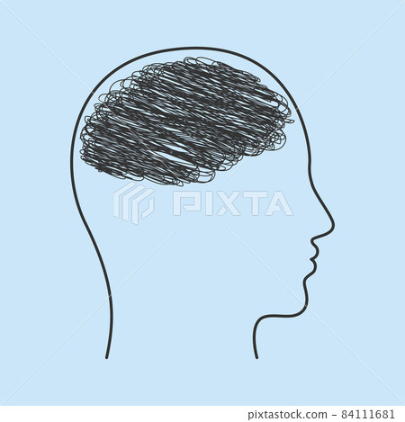 Silhouette of human head with tangled line inside. Chaotic thoughts. confused thinking, personality disorder and depression. Silhouette of human head with tangled line inside. Chaotic thoughts. confused thinking, personality disorder and depression. 84111681