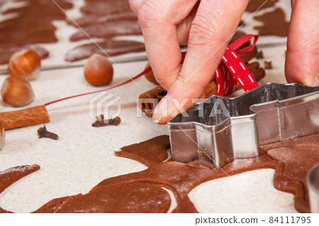 Dough, ingredients and accessories for baking gingerbread, Christmas time concept 84111795