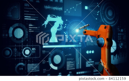 Robot arm AI analyzing mathematics for mechanized industry problem solving 84112159