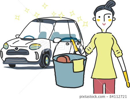 一個女人洗車享受成就感插畫素材 84112721