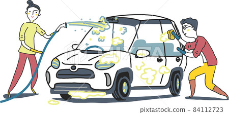 一對夫婦用軟管用水洗車的插圖素材 一對夫婦用軟管用水洗車的插圖素材 84112723