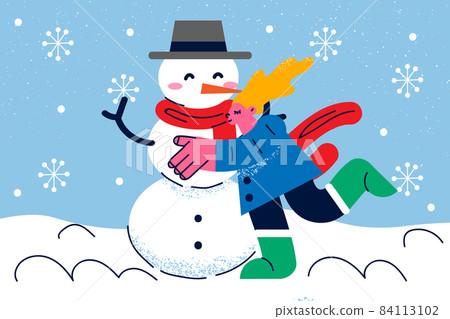 Happy little girl make snowman outdoor  84113102