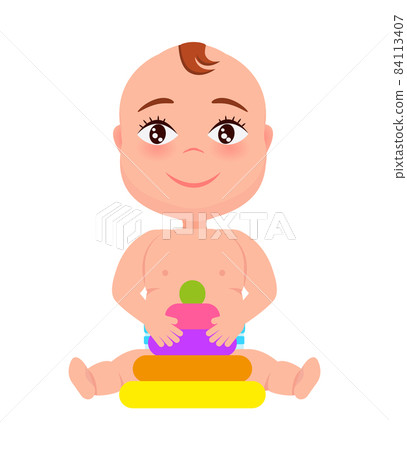 Toddler Infant in Diaper Playing with Pyramid Toy 84113407