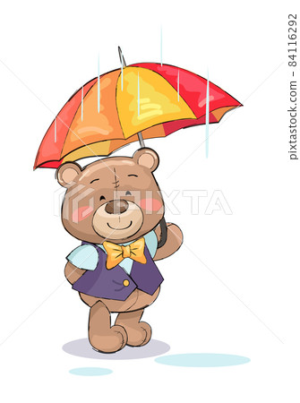 Cute Teddy-Bear Stand Under Umbrella Rainy Weather Cute Teddy-Bear Stand Under Umbrella Rainy Weather 84116292