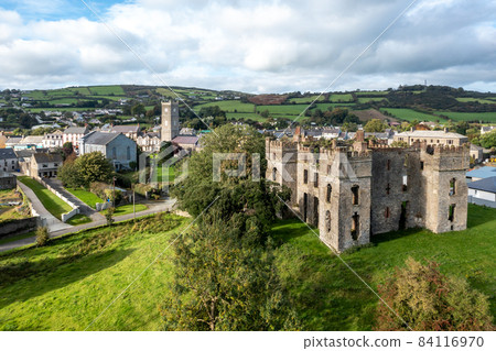 Aerial view of the historic town of Raphoe and the castle remains in County Donegal - Ireland Aerial view of the historic town of Raphoe and the castle remains in County Donegal - Ireland 84116970