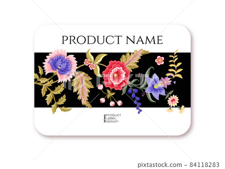 Fantasy flowers in retro, vintage, jacobean embroidery style. Template for product label, cosmetic packaging. 84118283