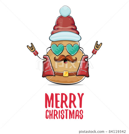 vector rock star Santa potato funny cartoon cute character with red Santa hat and calligraphic merry Christmas text isolated on white background. rock n roll Christmas party poster 84119342