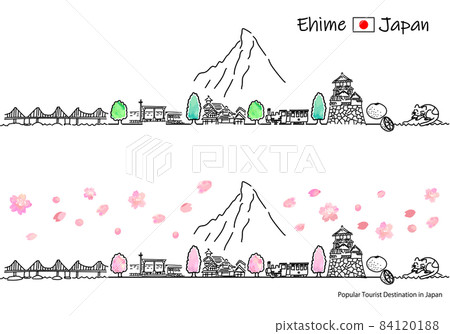 Spring Ehime Prefecture sightseeing spot cityscape simple line drawing set Spring Ehime Prefecture sightseeing spot cityscape simple line drawing set 84120188