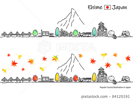 Autumn Ehime Prefecture sightseeing spot cityscape simple line drawing set Autumn Ehime Prefecture sightseeing spot cityscape simple line drawing set 84120191