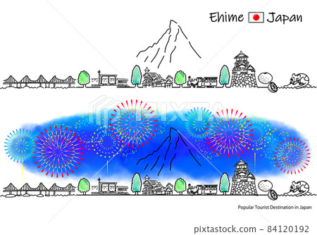 Simple line art set of fireworks and cityscape of sightseeing spots in Ehime prefecture Simple line art set of fireworks and cityscape of sightseeing spots in Ehime prefecture 84120192