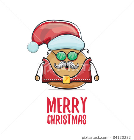 vector rock star Santa potato funny cartoon cute character with red Santa hat and calligraphic merry Christmas text isolated on white background. rock n roll Christmas party poster vector rock star Santa potato funny cartoon cute character with red Santa hat and calligraphic merry Christmas text isolated on white background. rock n roll Christmas party poster 84120282