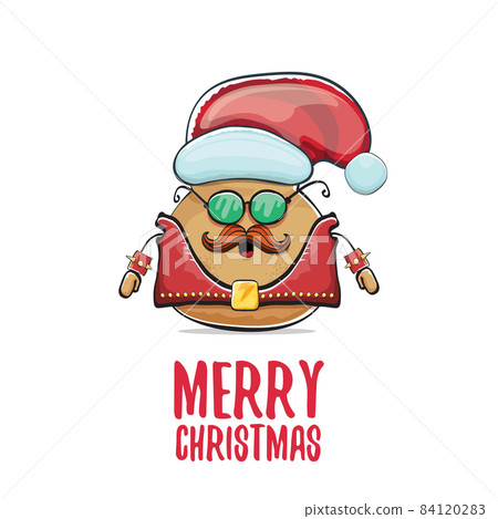 vector rock star Santa potato funny cartoon cute character with red Santa hat and calligraphic merry Christmas text isolated on white background. rock n roll Christmas party poster 84120283
