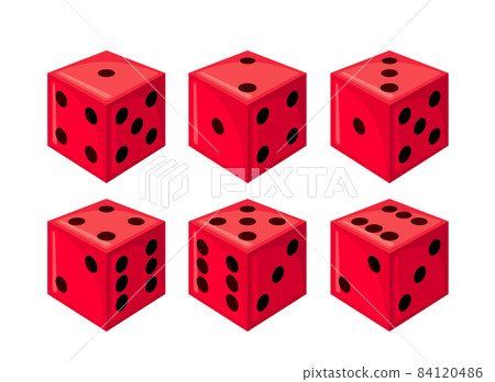 Set of red dices with black dots from different sides view. Set of red dices with black dots from different sides view. 84120486