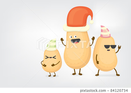 vector three friends kids potato characters with santa hats having fun isolated on grey background. Merry Christmas vector illustration. funky kids potato with friends. Christmas party concept vector three friends kids potato characters with santa hats having fun isolated on grey background. Merry Christmas vector illustration. funky kids potato with friends. Christmas party concept 84120734