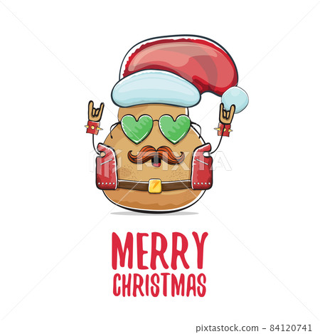vector rock star Santa potato funny cartoon cute character with red Santa hat and calligraphic merry Christmas text isolated on white background. rock n roll Christmas party poster vector rock star Santa potato funny cartoon cute character with red Santa hat and calligraphic merry Christmas text isolated on white background. rock n roll Christmas party poster 84120741