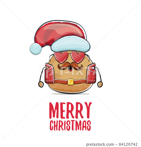 vector rock star Santa potato funny cartoon cute character with red Santa hat and calligraphic merry Christmas text isolated on white background. rock n roll Christmas party poster vector rock star Santa potato funny cartoon cute character with red Santa hat and calligraphic merry Christmas text isolated on white background. rock n roll Christmas party poster 84120742