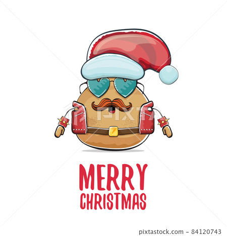 vector rock star Santa potato funny cartoon cute character with red Santa hat and calligraphic merry Christmas text isolated on white background. rock n roll Christmas party poster vector rock star Santa potato funny cartoon cute character with red Santa hat and calligraphic merry Christmas text isolated on white background. rock n roll Christmas party poster 84120743