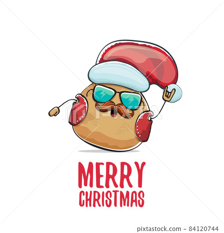 vector rock star Santa potato funny cartoon cute character with red Santa hat and calligraphic merry Christmas text isolated on white background. rock n roll Christmas party poster 84120744