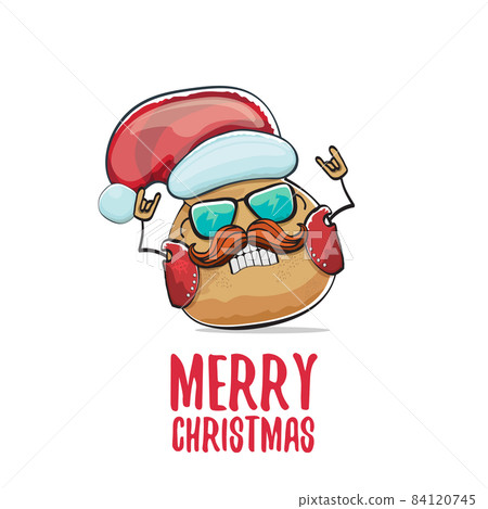 vector rock star Santa potato funny cartoon cute character with red Santa hat and calligraphic merry Christmas text isolated on white background. rock n roll Christmas party poster vector rock star Santa potato funny cartoon cute character with red Santa hat and calligraphic merry Christmas text isolated on white background. rock n roll Christmas party poster 84120745