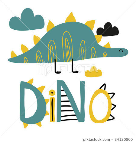 Childrens poster with a cute dinosaur. Green and yellow dino poster. Dino lettering Suitable for posters, cards, prints, labels. 84120800