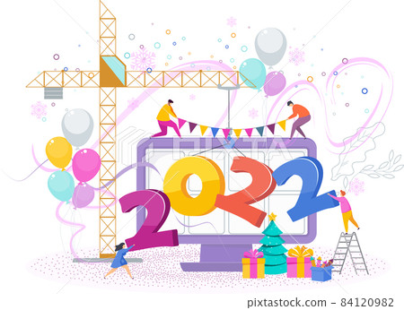2022 Merry Christmas and Happy New Year illustration card with people. 2022 Merry Christmas and Happy New Year illustration card with people. 84120982