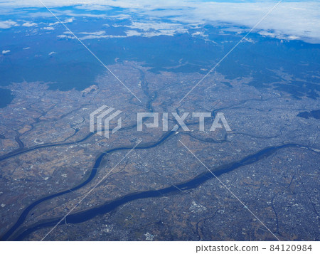 Aerial view of Kiso Three Rivers in the suburbs of Nagoya 84120984