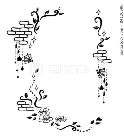 Graphic illustrative frame for inscriptions and invitations inked pattern of bricks beads stems and flowers Graphic illustrative frame for inscriptions and invitations inked pattern of bricks beads stems and flowers 84120996