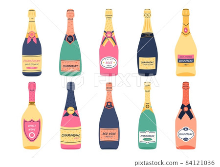 Doodle wine bottles. Cartoon champagne and prosecco alcohol drinks in vintage fancy glass bottles, white and red sparkling wine collection. Vector set trendy sketch beverage party 84121036