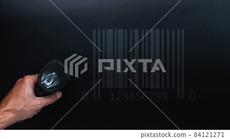 Bar code. Retail label barcode scan. Reader laser scanner for warehouse on black background. Product code data concept. Bar code. Retail label barcode scan. Reader laser scanner for warehouse on black background. Product code data concept. 84121271