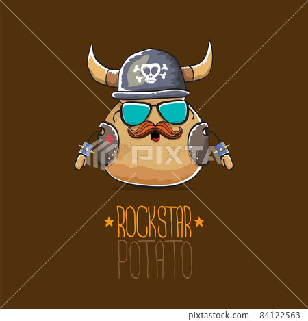 vector rock star potato funny cartoon cute character with viking helmet, leather jacket, sunglasses and moustache isolated on brown background. rock n roll hipster vegetable funky character vector rock star potato funny cartoon cute character with viking helmet, leather jacket, sunglasses and moustache isolated on brown background. rock n roll hipster vegetable funky character 84122563