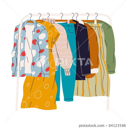 Clothes hanging on a hanger in the checkroom or store. 84123586