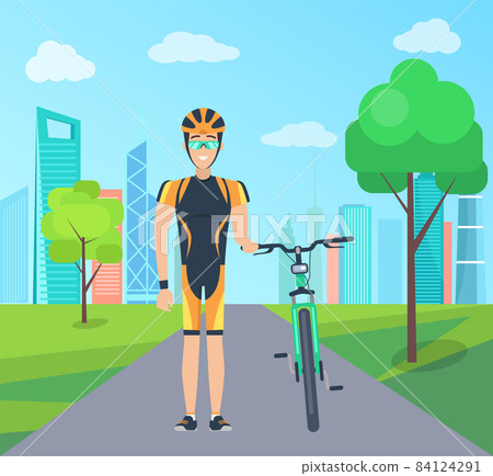 Man with Bicycle on Road through Park to City 84124291