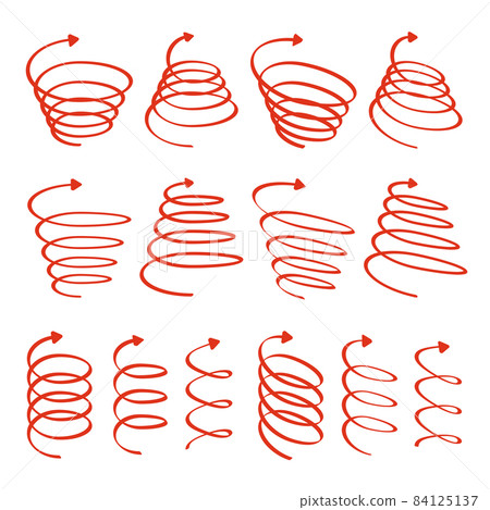 Set of various spiral spiral arrows with handwritten style lines with markers 84125137