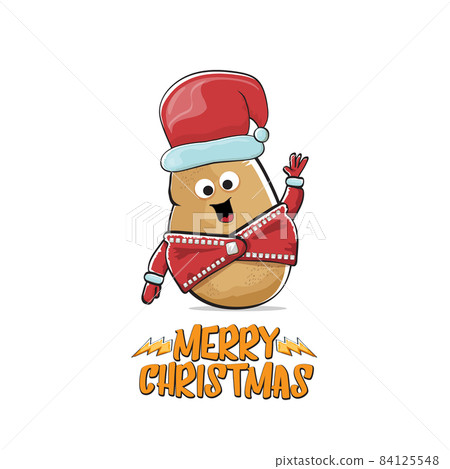 vector rock star Santa Claus potato funny cartoon cute character with red Santa hat and calligraphic merry Christmas text isolated on white background. Rock n roll funky Christmas party banner 84125548