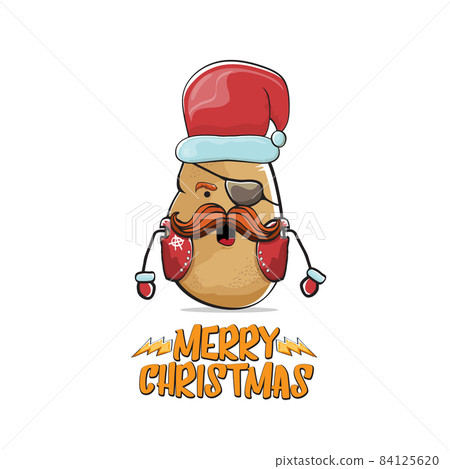 vector rock star Santa Claus potato funny cartoon cute character with red Santa hat and calligraphic merry Christmas text isolated on white background. Rock n roll funky Christmas party banner vector rock star Santa Claus potato funny cartoon cute character with red Santa hat and calligraphic merry Christmas text isolated on white background. Rock n roll funky Christmas party banner 84125620