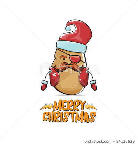 vector rock star Santa Claus potato funny cartoon cute character with red Santa hat and calligraphic merry Christmas text isolated on white background. Rock n roll funky Christmas party banner vector rock star Santa Claus potato funny cartoon cute character with red Santa hat and calligraphic merry Christmas text isolated on white background. Rock n roll funky Christmas party banner 84125622