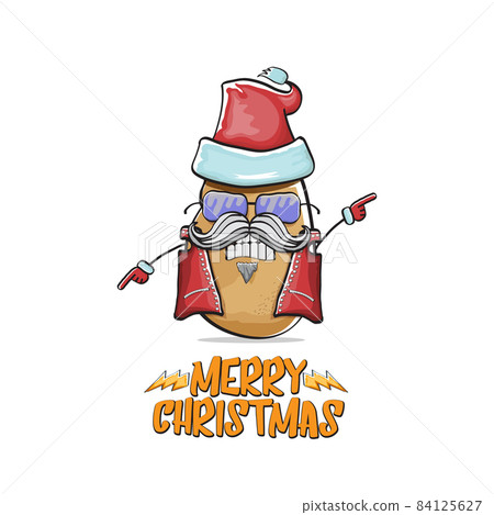 vector rock star Santa Claus potato funny cartoon cute character with red Santa hat and calligraphic merry Christmas text isolated on white background. Rock n roll funky Christmas party banner vector rock star Santa Claus potato funny cartoon cute character with red Santa hat and calligraphic merry Christmas text isolated on white background. Rock n roll funky Christmas party banner 84125627