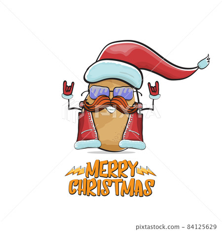 vector rock star Santa Claus potato funny cartoon cute character with red Santa hat and calligraphic merry Christmas text isolated on white background. Rock n roll funky Christmas party banner vector rock star Santa Claus potato funny cartoon cute character with red Santa hat and calligraphic merry Christmas text isolated on white background. Rock n roll funky Christmas party banner 84125629