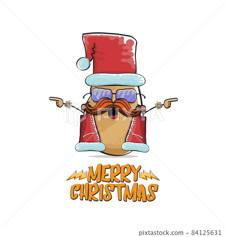 vector rock star Santa Claus potato funny cartoon cute character with red Santa hat and calligraphic merry Christmas text isolated on white background. Rock n roll funky Christmas party banner vector rock star Santa Claus potato funny cartoon cute character with red Santa hat and calligraphic merry Christmas text isolated on white background. Rock n roll funky Christmas party banner 84125631