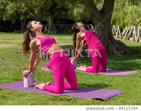 Two women practicing pilates or stretching with yoga block in park Two women practicing pilates or stretching with yoga block in park 84125784