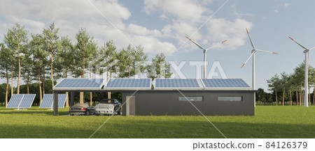 3d house with solar pannels. High quality beautiful photo concept 84126379