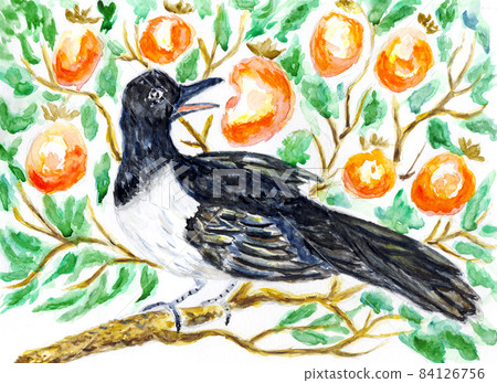 Persimmon and magpie art 84126756