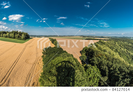 Tower view over yellow corn fields and forest at the German countryside 84127014