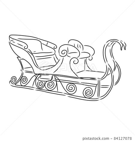 Doodles of old sleigh. Hand drawn vector illustration. Realistic vintage sketches. Set of black contour and color elements isolated on white. For winter design, decor, prints, cards, stickers, poster. 84127078