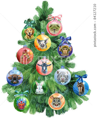 Watercolor illustration Christmas tree decorated with Christmas balls. 84127210