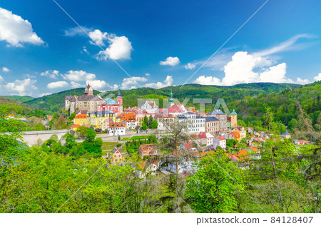 Aerial panoramic view of medieval Loket town with Loket Castle Hrad Loket gothic style 84128407