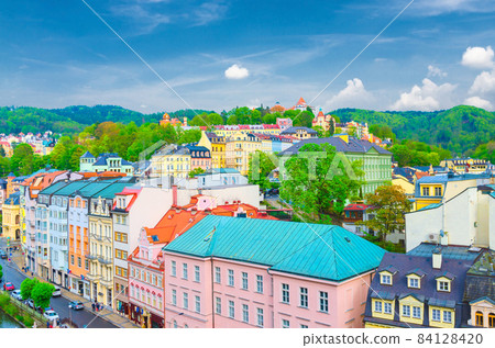 Karlovy Vary Carlsbad historical city centre aerial view with Tepla river embankment 84128420