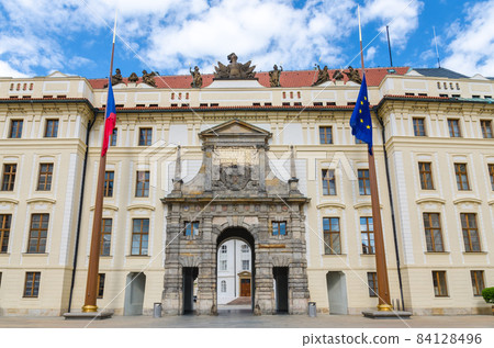 Matthias Gate of New Royal Palace Novy kralovsky palac and EU and Czech flags Matthias Gate of New Royal Palace Novy kralovsky palac and EU and Czech flags 84128496