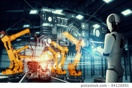 Mechanized industry robot and robotic arms for assembly in factory production . 84128891