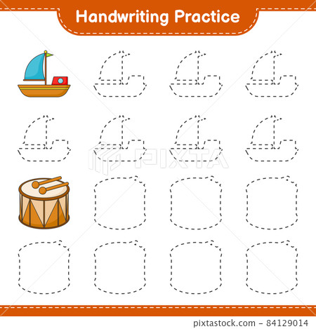 Handwriting practice. Tracing lines of Boat and Drum. Educational children game, printable worksheet, vector illustration 84129014